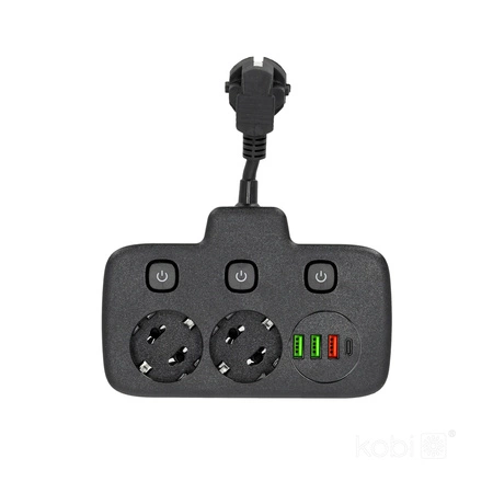 KOBI LINEA FL Verteiler 2x230V Masse, 3 Schalter 4xUSB Schwarz