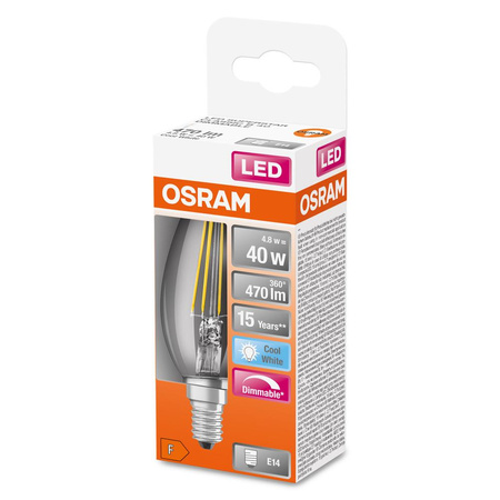 E14 B35 LED Lampe 4,8 W = 40 W, 470 lm, 4000 K, neutral, 300 °, OSRAM SUPERSTAR-Filament, dimmbar