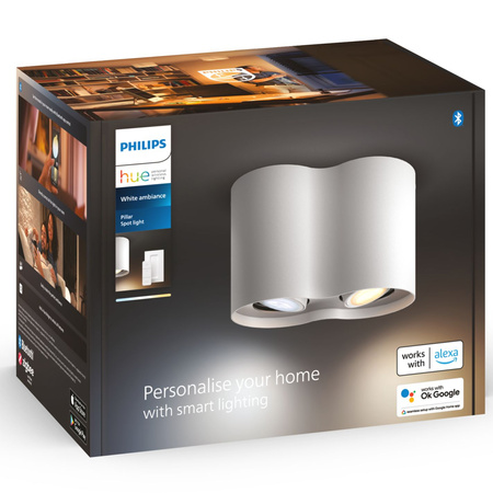 LED Spot Pillar Weiß 2x4.2W CCT PHILIPS HUE Bluetooth Zigbee Deckenleuchte + Dimmschalter