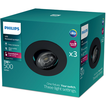 3x LED-Einbauleuchte 5W 500lm 2700K Warm Moving Round Schwarz Dimmbar 3-STEP SceneSwitch Cilantro Philips