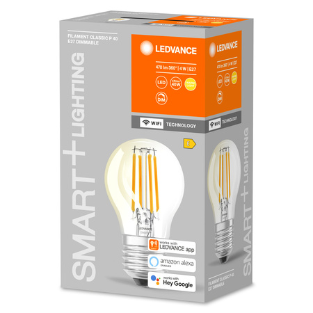 E27 P40 LED Leuchtmittel 4W = 40W 2700K Warm 470lm 300° LEDVANCE SMART+ WIFI Filament Dimmbar