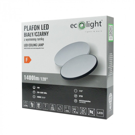 Plafond LED-Deckenleuchte 18W 1400lm 4000K Neutral mit austauschbarem schwarzem oder weißem Rahmen Ecolight
