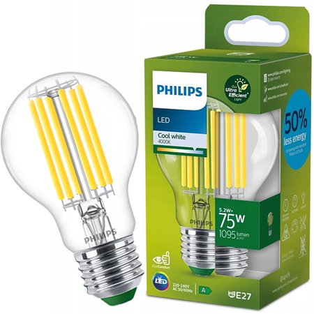 E27 A60 LED Lampen 5,2 W = 75 W, 1095 lm, 4000 K, neutrales Filament, PHILIPS, ultraeffizient