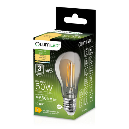 6x LED Lampen E27, Glühbirne A60 6W = 50W 660lm 360° 2200K warm Glühfaden Smokey LUMILED