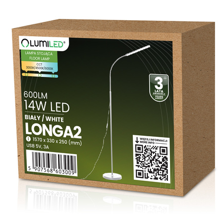 LED 14W CCT Dimmbare Stehlampe mit Höhenverstellung LONGA 2 Weiß LUMILED