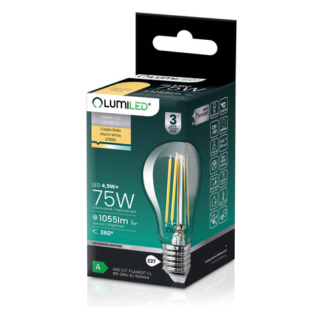 6x LED-Lampe E27 A60 4,9W 1055lm = 75W 2700K warmweiß 360° Filament Energieklasse A LUMILED