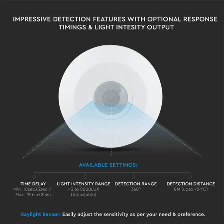 Infrarot-PIR-Bewegungsmelder 360° IP20 WEISS Oberflächenmontage Decke Wand verstellbar V-TAC