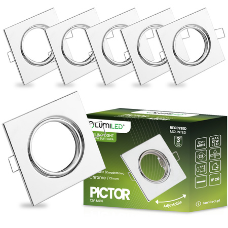 6x Halogen-Einbauleuchte Bewegliches Quadrat PICTOR Chromblech MR16 GU10 LUMILED