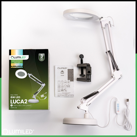 Schreibtischlampe LED 8W CCT Zeichnung Tischlampe 3x Vergrößerungsglas LUCA 2 Weiß LUMILED