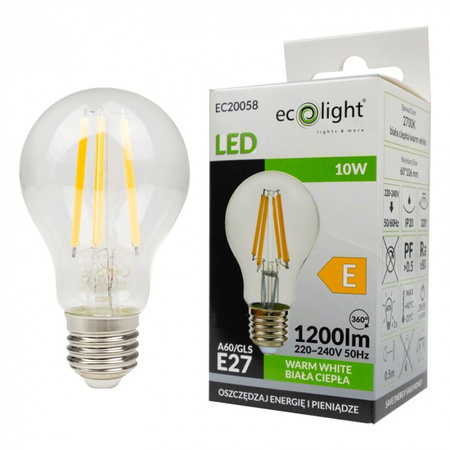 LED-Lampe A60 E27 10W 1200lm 2700K Warm FILAMENT Ecolight