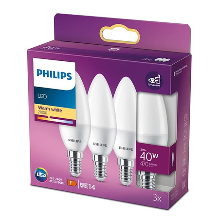 Set mit 3 LED-Kerzenlampen E14 B35 4,9 W = 40 W, 470 lm, 2700 K, warm matt, PHILIPS