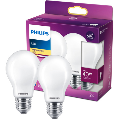 Set mit 2x LED-Glühbirne E27 A60 4,5W = 40W 470lm 2700K Warm Filament Milky PHILIPS
