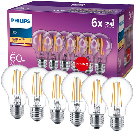 Set mit 6x LED Lampen E27 A60 7W = 60W 806lm 2700K Warmfilament PHILIPS