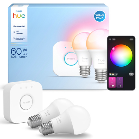 3x LED-Glühbirne E27 A60 8W = 60W 806lm 2200-6500K CCT + RGB SMART Smart Bluetooth ZigBee Weiß und Farbe Ambiance + Bridge Bridge Philips HUE Starter Kit