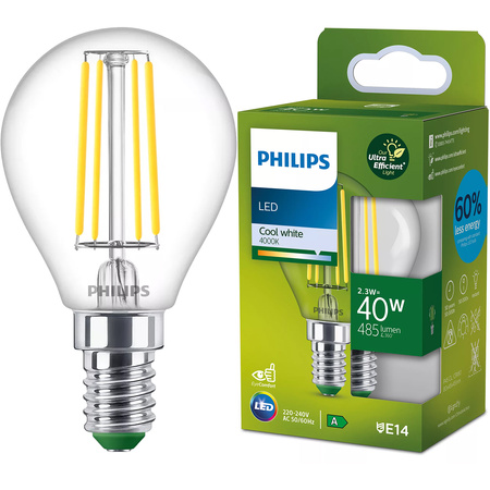 LED-Lampe E14 Ball P45 2.3W = 40W 485lm 210lm/W 4000K Neutral 300° CLASS A UltraEfficient Philips