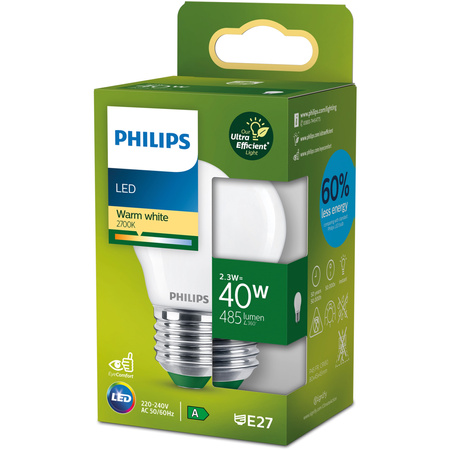 LED-Lampe E27 Ball P45 2.3W = 40W 485lm 210lm/W 2700K Warm 300° CLASS A UltraEfficient Philips