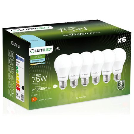 6x LED Lampen E27, Glühbirne A60 10W = 75W 1055lm 260° 6500K kalt LUMILED