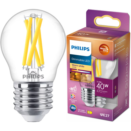 LED-Lampe E27 Ball P45 3.4W = 40W 470lm 2200-2700K Warm CRI90 FILAMENT Dimmbar WarmGlow Philips