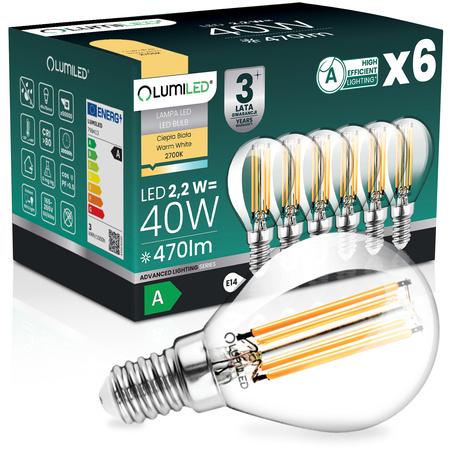 6x LED-Lampe E14 Kugel P45 2,2W 470lm = 40W 2700K warmweiß 360° Filament Energieklasse A LUMILED