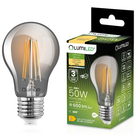 6x LED Lampen E27, Glühbirne A60 6W = 50W 660lm 360° 2200K warm Glühfaden Smokey LUMILED