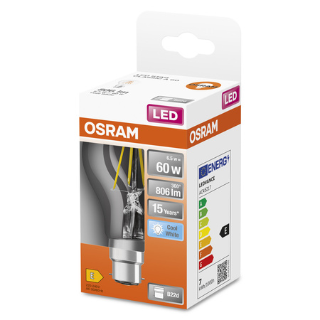 LED-Glühbirne A60 B22d 6.5W = 60W 806lm 4000K Neutral 300° Retrofit Glühfaden CLASSIC Osram