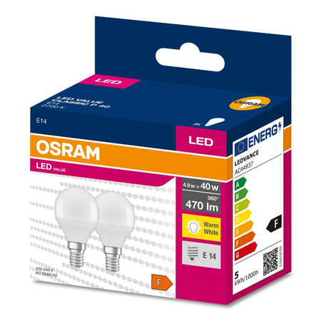 2x LED Lampe E14 P45 4,9W = 40W 470lm 2700K Wärme 200° OSRAM VALUE