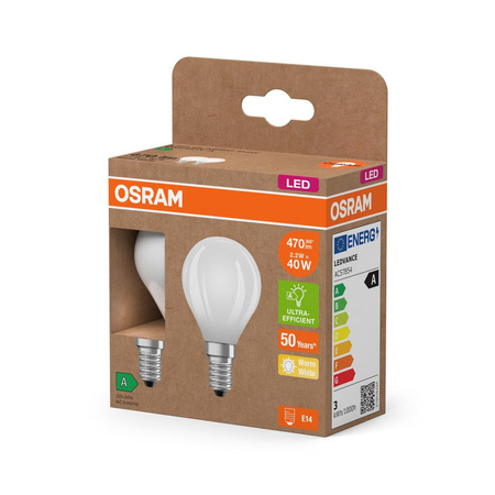 2x LED-Lampe P45 Ball E14 2.2W = 40W 470lm 2700K Warm 330° 214lm/W CLASSIC ENERGY EFFICIENCY Osram