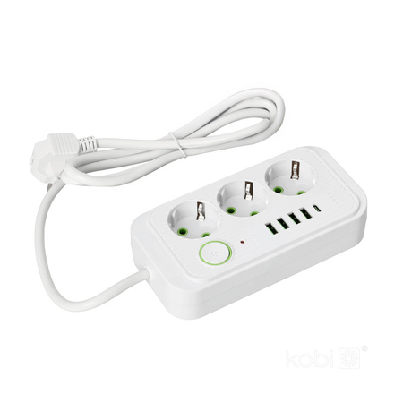 KOBI LINEA PRO Verlängerungskabel 3x230V 1,5m Masse, Schalter und 5xUSB Weiß