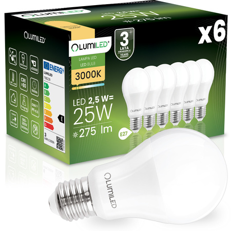 6x LED-Lampe E27 A60 2.5W = 25W 275lm 3000K warmweiß 260° LUMILED