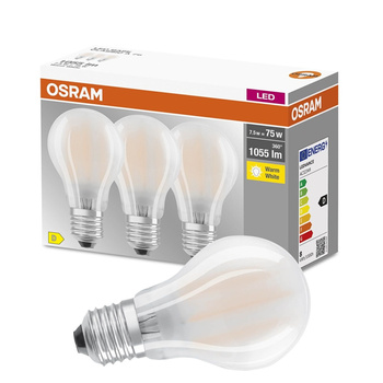 3x LED Lampen E27 A60 7,5W = 75W 1055lm 2700K Wärme 300° Filament OSRAM BASE