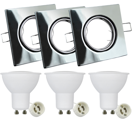 Set aus 3x beweglicher Halogenlampe GOLDLUX (Polux), quadratisch, Chrom + GU10 3,5W LED Lampen