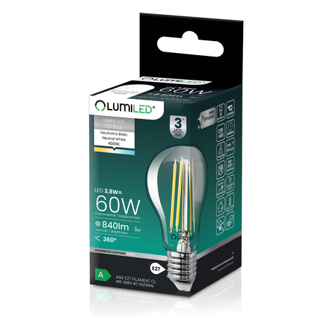 LED-Lampe E27 A60 3,8W 840lm = 60W 4000K neutralweiß 360° Filament Energieklasse A LUMILED