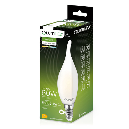 LED Lampen E14, Glühbirne Flame B35 7W = 60W 806lm 360° 4000K neutral Milch Glühfaden LUMILED