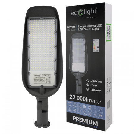 LED-Straßenleuchte 200W 22000lm 6500K Kalt IP65 110lm/W PREMIUM Ecolight