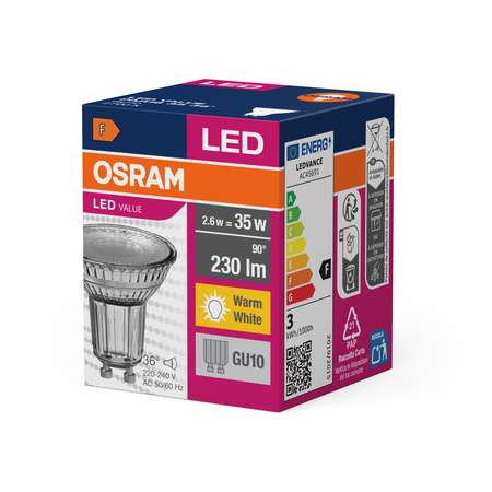 LED PAR16 Reflektor GU10 2.6W = 35W 230lm 2700K Warm 36° VALUE Osram
