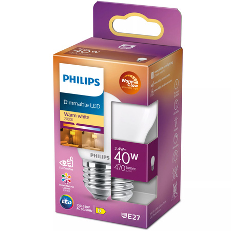 LED-Kugellampe E27 P45 3,4W = 40W 470lm 2700 warmes Filament milchig PHILIPS dimmbar