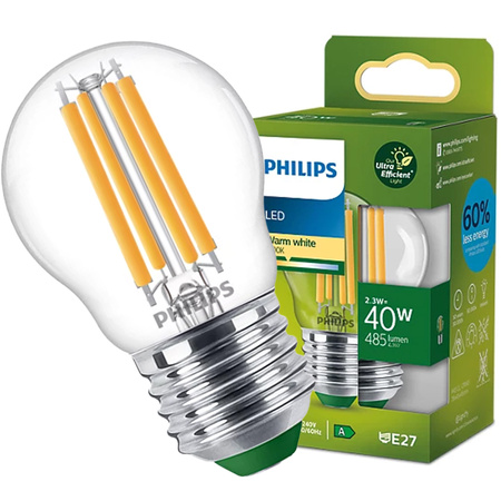 LED Lampen Kugel E27 210lm/W P45 2.3W = 40W 485lm 2700K Warm Glühfaden PHILIPS Ultra Efficient