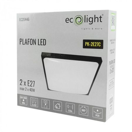 LED Plafond Deckenleuchte 2x E27 Schwarz Quadratisch Ecolight