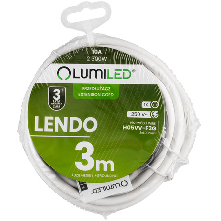 Netzverlängerungskabel Geerdete Steckdosenleiste 1 Steckdose 3m Weißes Kabel Lendo Lumiled