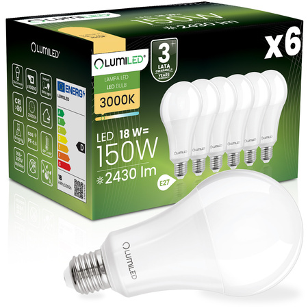 6x LED-Lampe E27 A70 18W = 150W 2430lm 3000K warmweiß 260° LUMILED