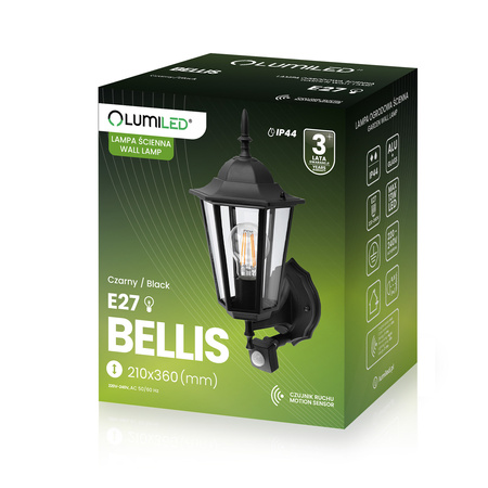 Wandleuchte Außen E27, Hängende Gartenlaterne mit Bewegungsmelder Schwarz BELLIS LUMILED