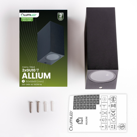 Wandleuchte Außen 2x GU10, Garten-Wandleuchte Schwarz Quadratisch ALLIUM LUMILED