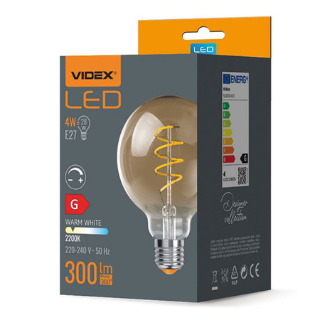 E27 G95 LED Lampen 4 W = 28 W, 300 lm, 2200 K, warmes Bernstein-Glühfaden, dimmbar, 360° VIDEX