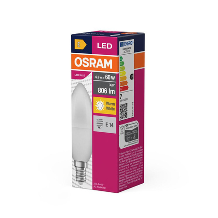 LED Lampe E14 B35 7W = 60W 806lm 2700K Warm 200° OSRAM Value